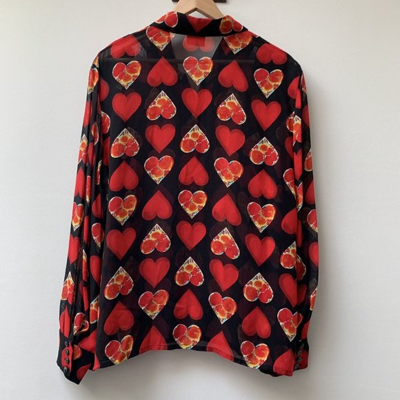 Vintage Sheer Betty Barclay Blouse Shirt Fit UK 14 Heart Pattern Black Red *Mend - Picture 2 of 11